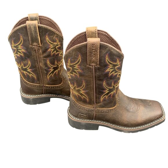 Justin Western Boots Kids Brown Leather Size 3D Rugged Tan Buffalo SK4681 - Picture 8 of 12